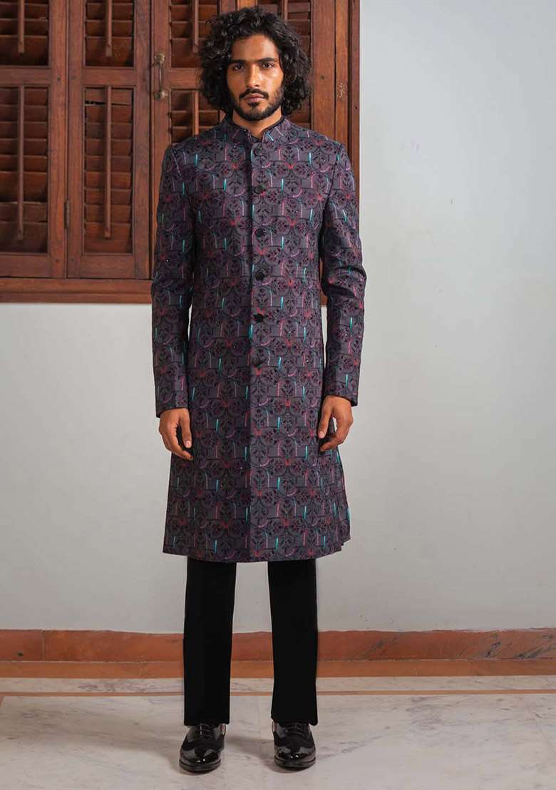 Black Adda Work Sherwani Set For Men - Indya