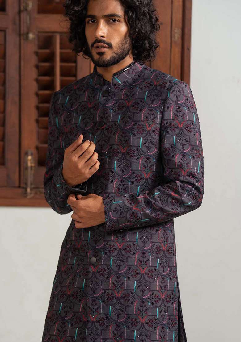 Black Adda Work Sherwani Set For Men - Indya