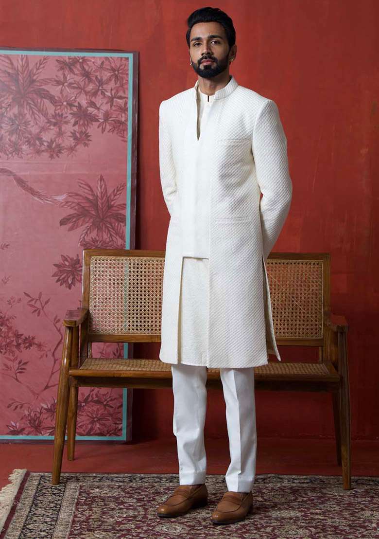 Off White Adda Work Sherwani Set For Men - Indya