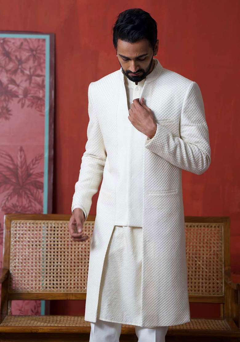 Off White Adda Work Sherwani Set For Men - Indya