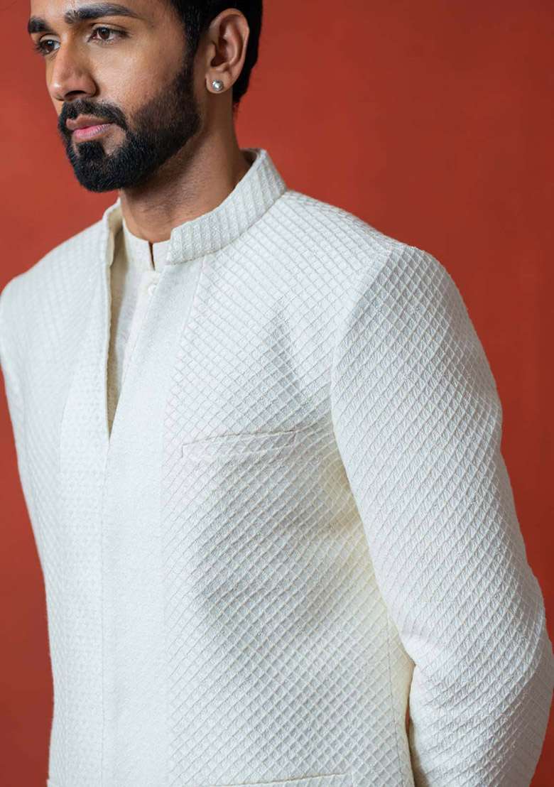 Off White Adda Work Sherwani Set For Men - Indya