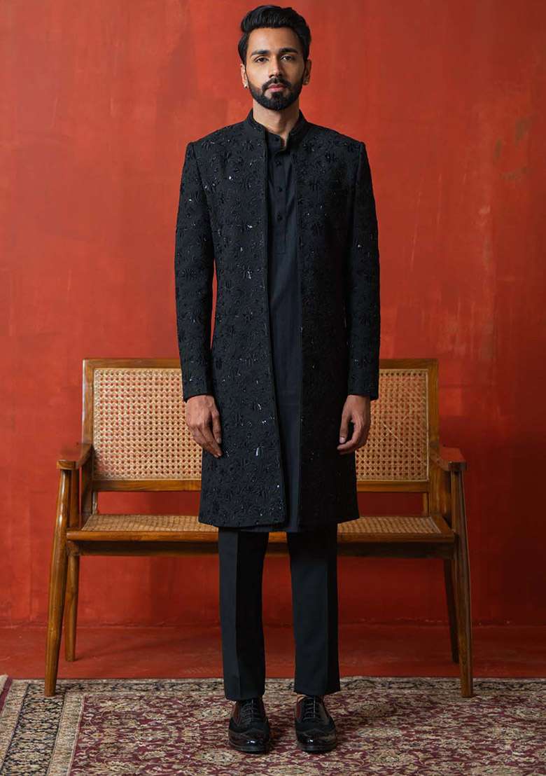 Black Indo Sherwani Set For Men - Indya