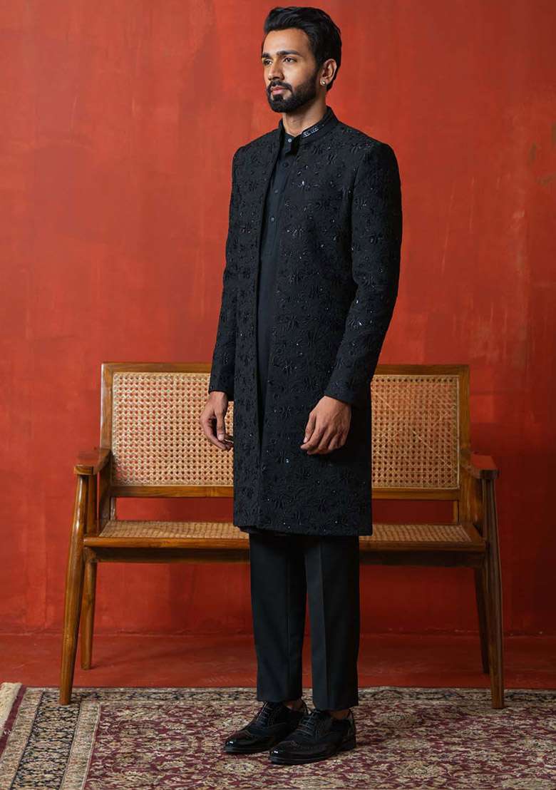 Black Indo Sherwani Set For Men - Indya