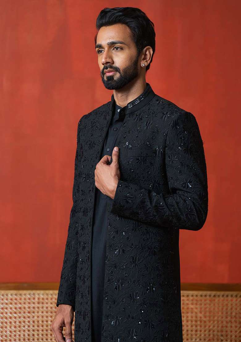 Black Indo Sherwani Set For Men - Indya