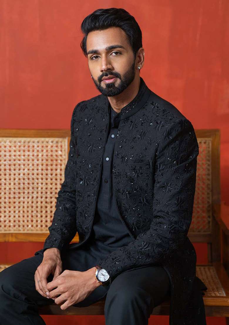Black Indo Sherwani Set For Men - Indya