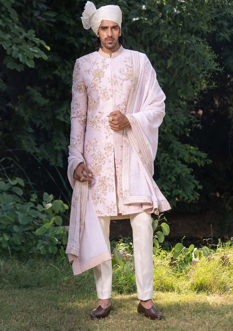 Dull Pink Adda Work Sherwani Set For Men - Indya