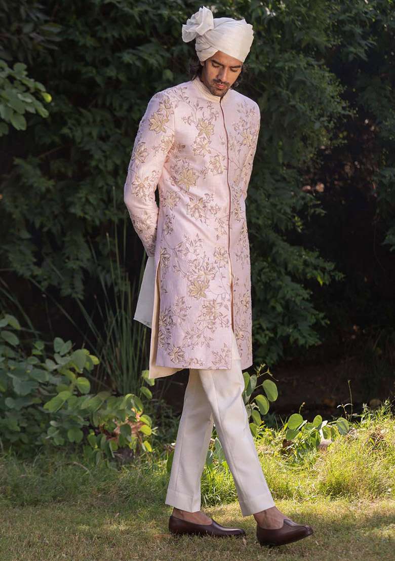 Dull Pink Adda Work Sherwani Set For Men - Indya