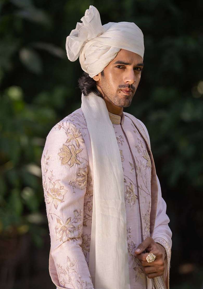 Dull Pink Adda Work Sherwani Set For Men - Indya