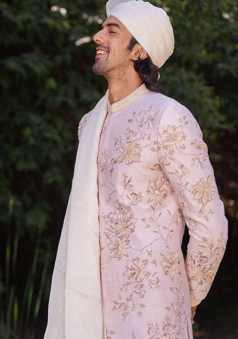 Dull Pink Adda Work Sherwani Set For Men - Indya