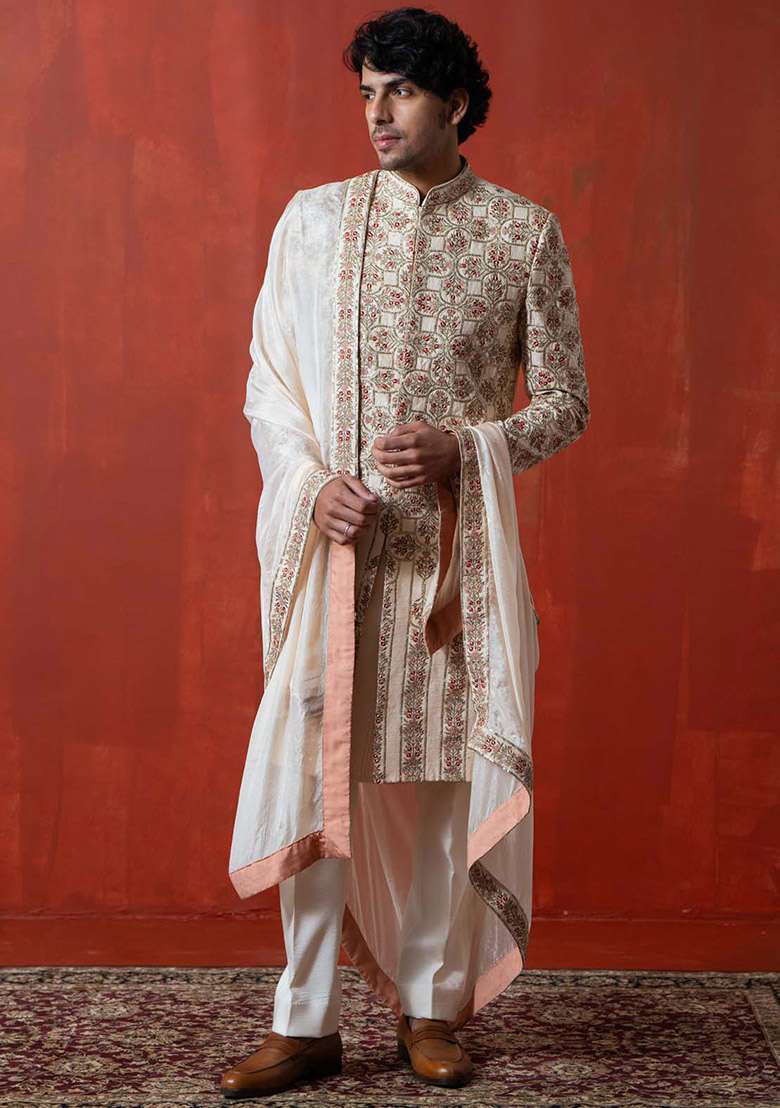 Light Peach Adda Work Sherwani Set For Men - Indya