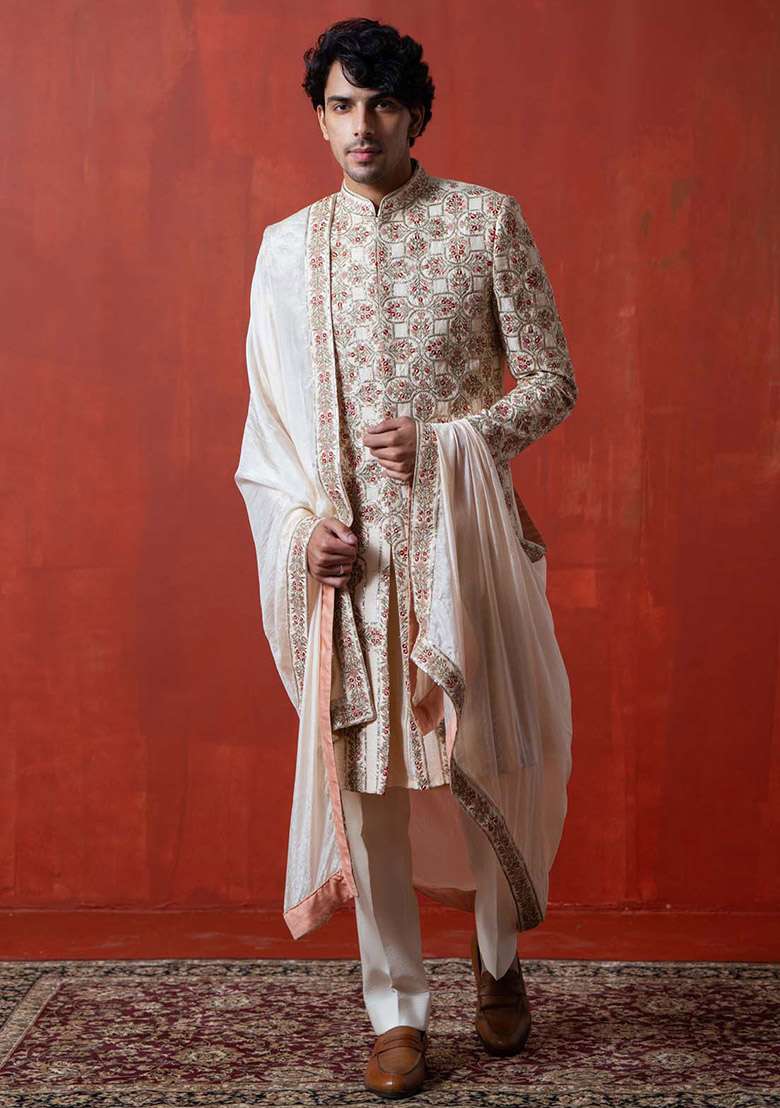 Light Peach Adda Work Sherwani Set For Men - Indya