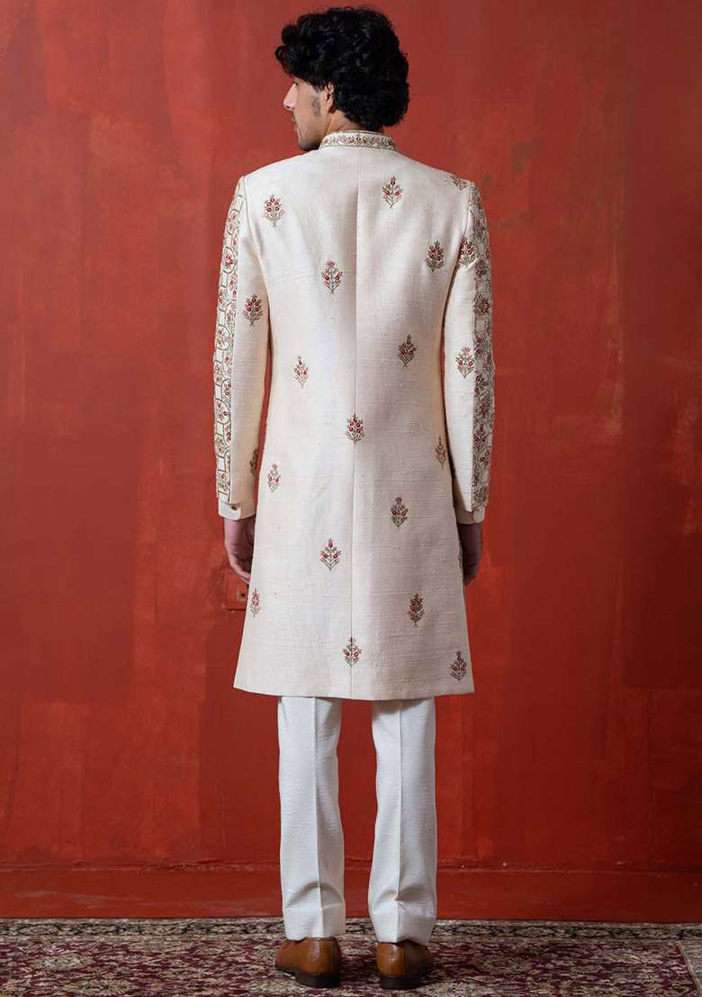 Light Peach Adda Work Sherwani Set For Men - Indya