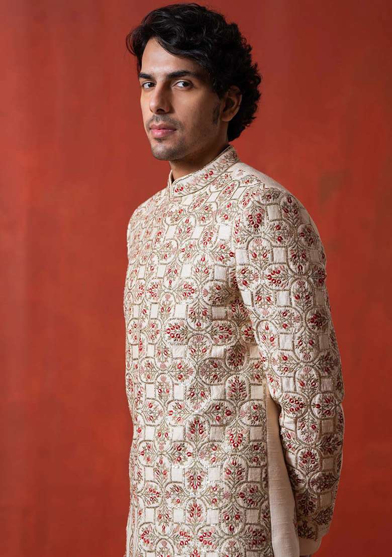 Light Peach Adda Work Sherwani Set For Men - Indya