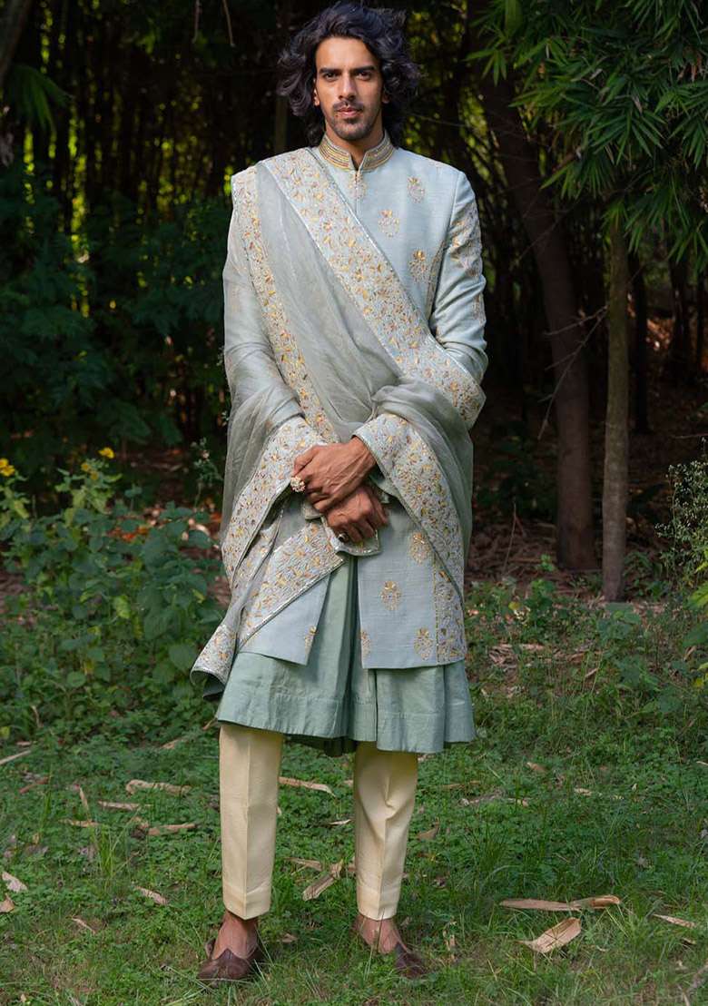 Green Adda Work Sherwani Set For Men - Indya