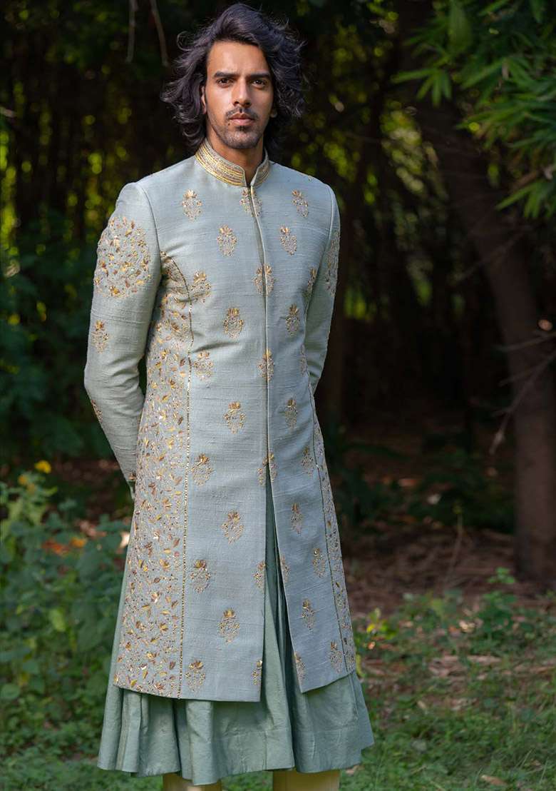 Green Adda Work Sherwani Set For Men - Indya