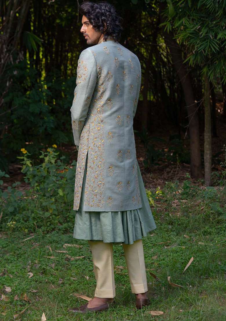 Green Adda Work Sherwani Set For Men - Indya