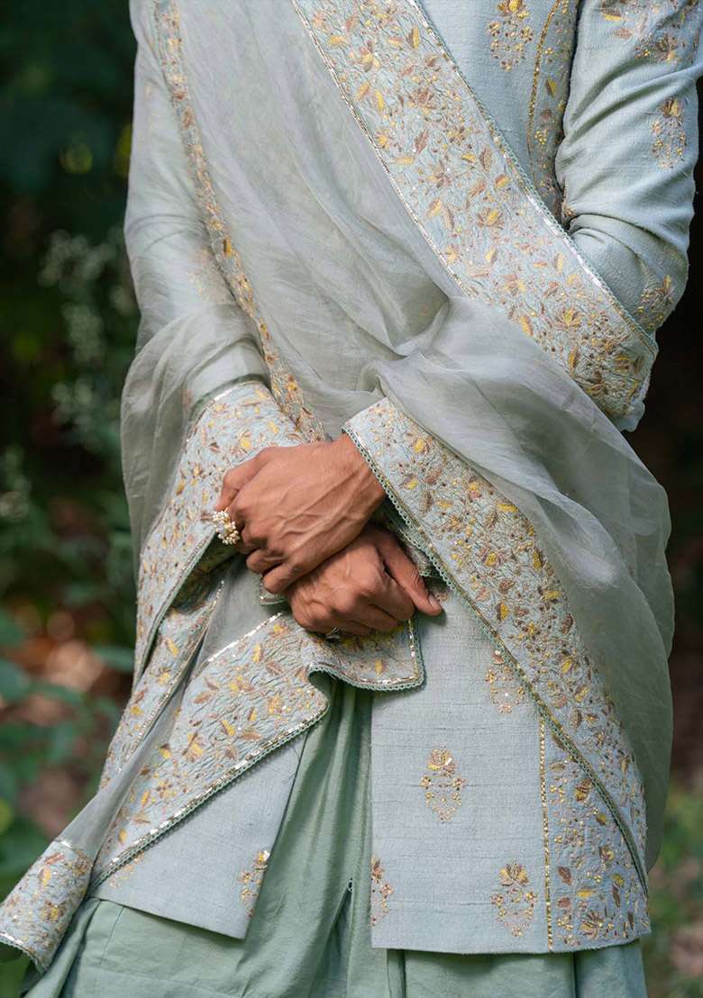 Green Adda Work Sherwani Set For Men - Indya