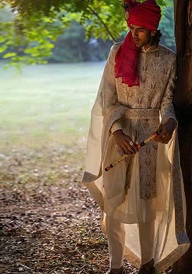 Off White Hand Embroidered Work Sherwani Set For Men