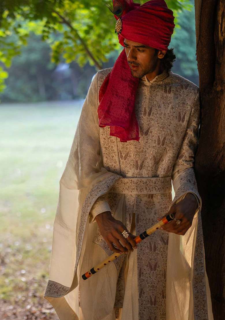 Off White Hand Embroidered Work Sherwani Set For Men - Indya