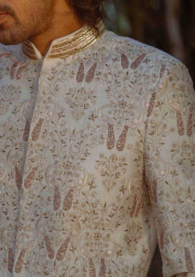 Off White Hand Embroidered Work Sherwani Set For Men - Indya
