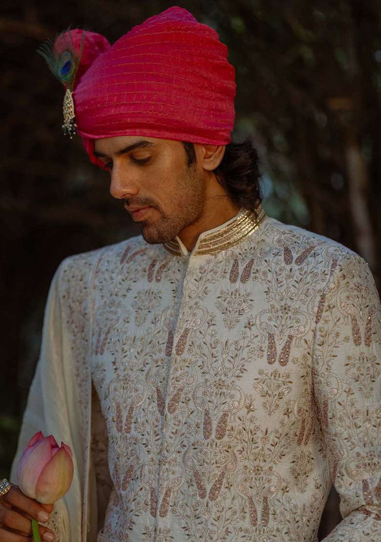 Off White Hand Embroidered Work Sherwani Set For Men - Indya