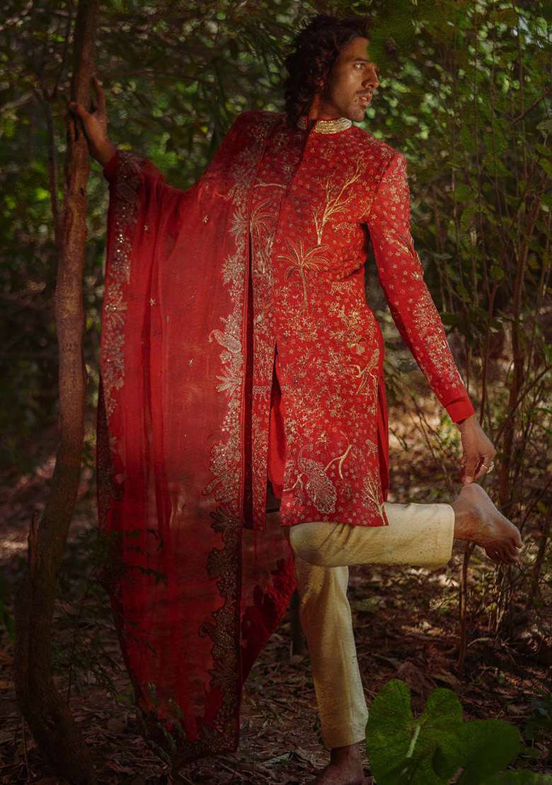 Red Adda Work Sherwani Set For Men - Indya