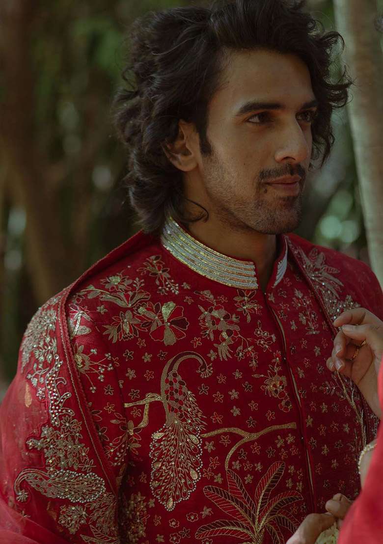 Red Adda Work Sherwani Set For Men - Indya