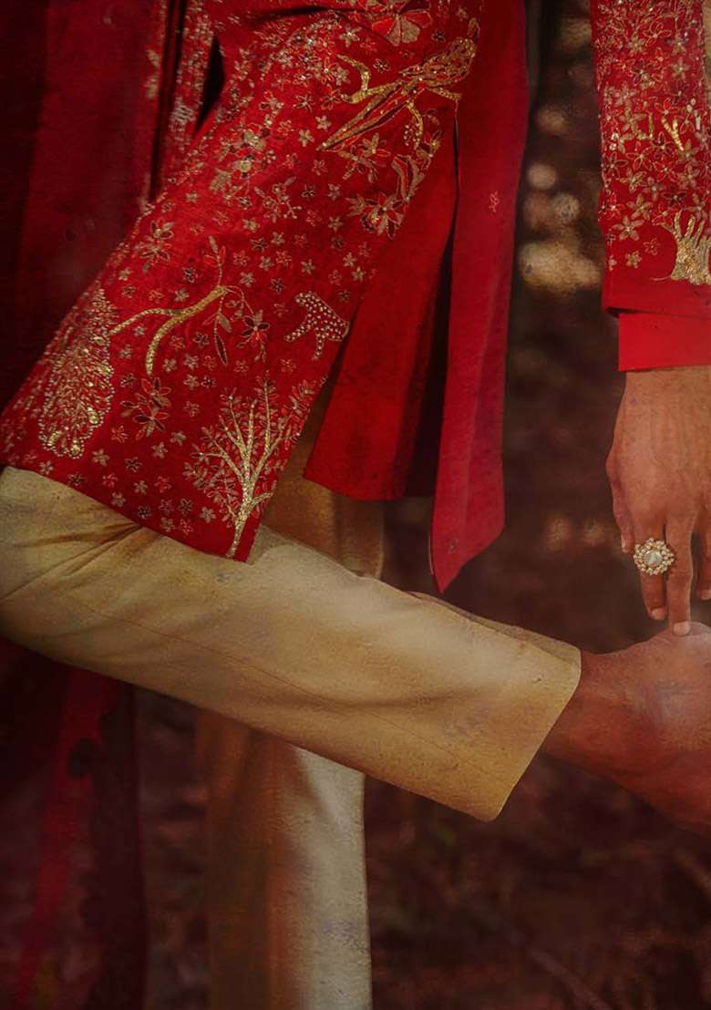 Red Adda Work Sherwani Set For Men - Indya