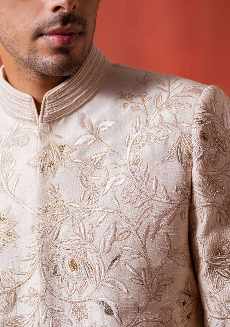 Light Pink Adda Work Sherwani Set For Men - Indya