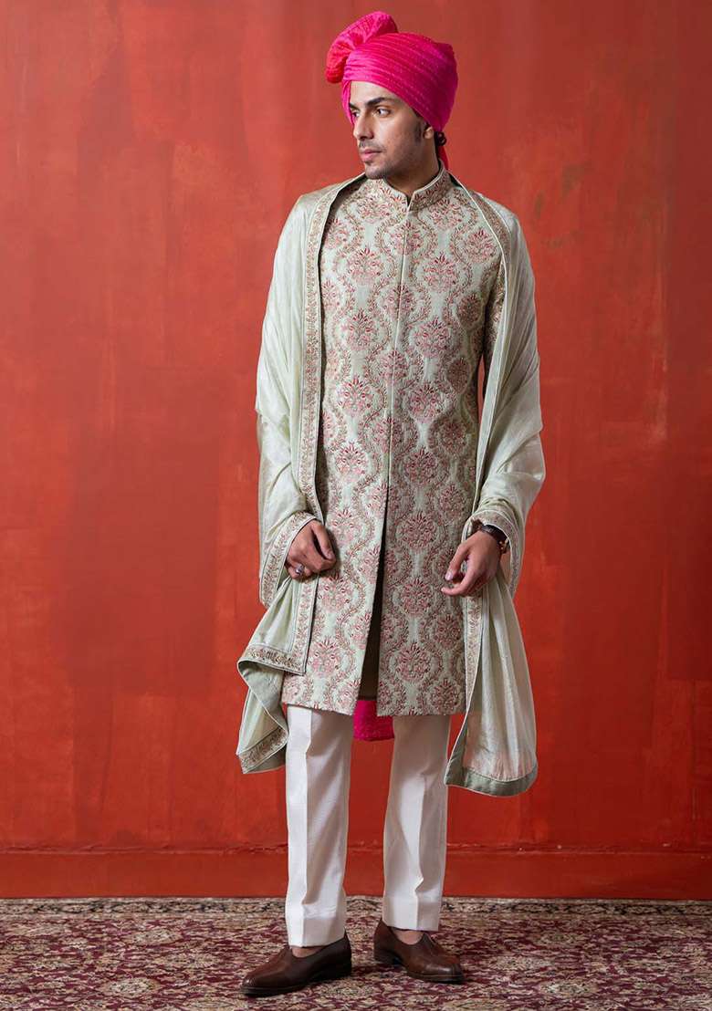Green Hand Embellished Sherwani Set For Men - Indya