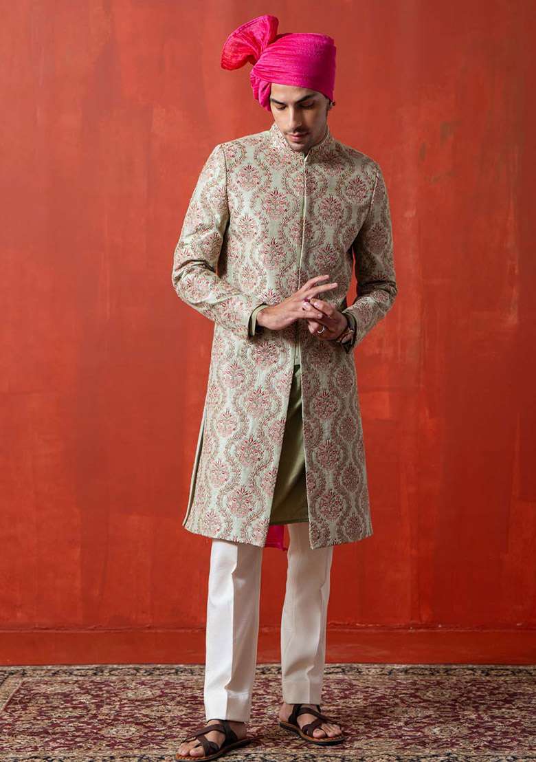 Green Hand Embellished Sherwani Set For Men - Indya