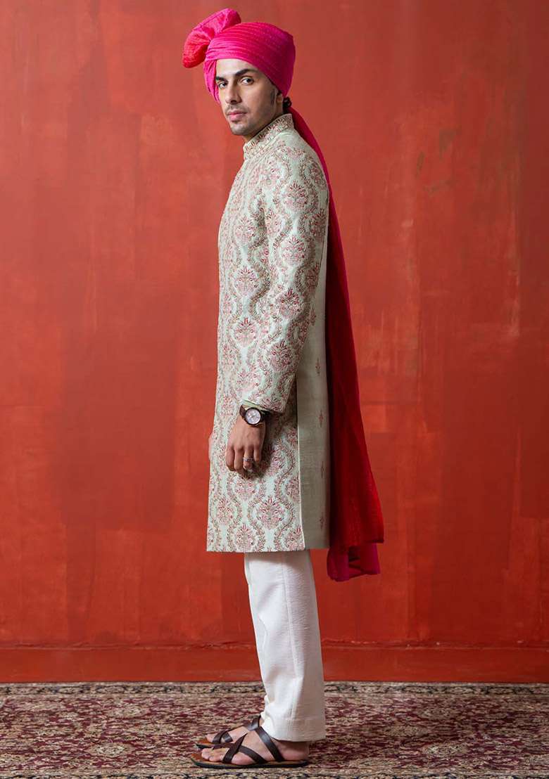 Green Hand Embellished Sherwani Set For Men - Indya