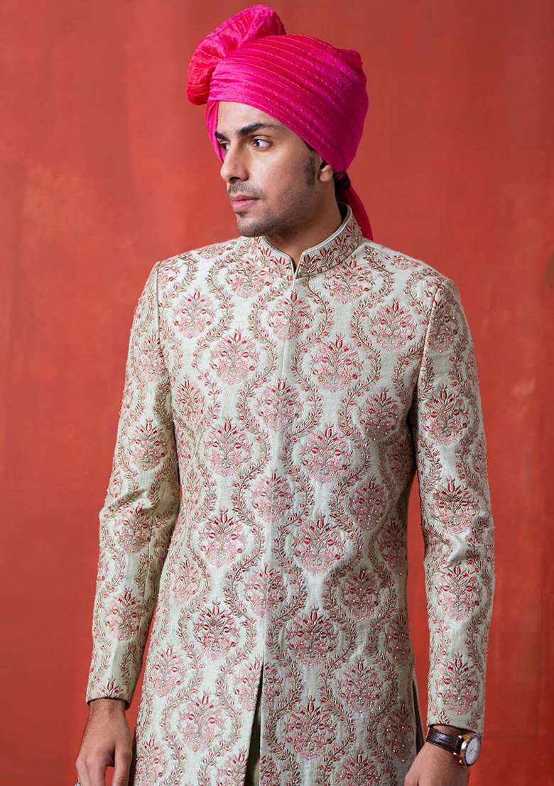 Green Hand Embellished Sherwani Set For Men - Indya
