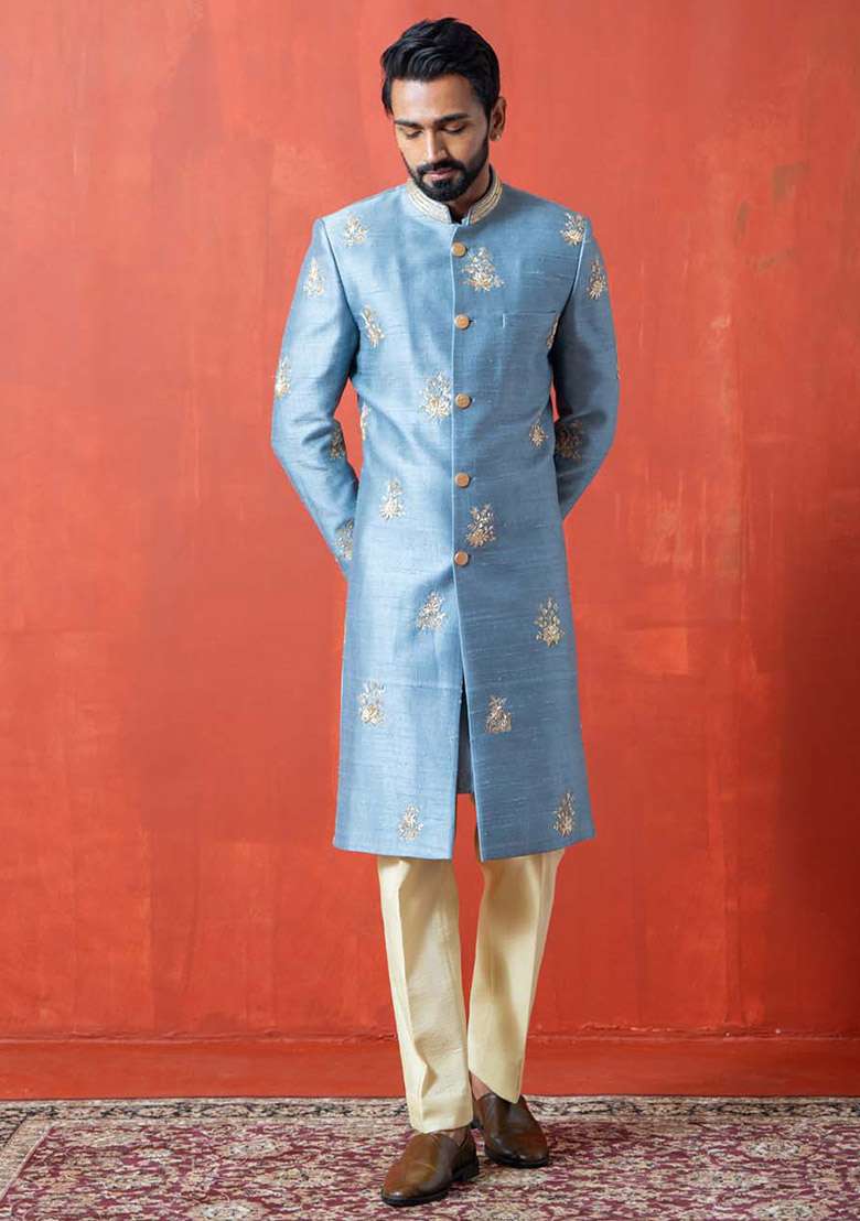Blue Adda Work Sherwani Set For Men - Indya