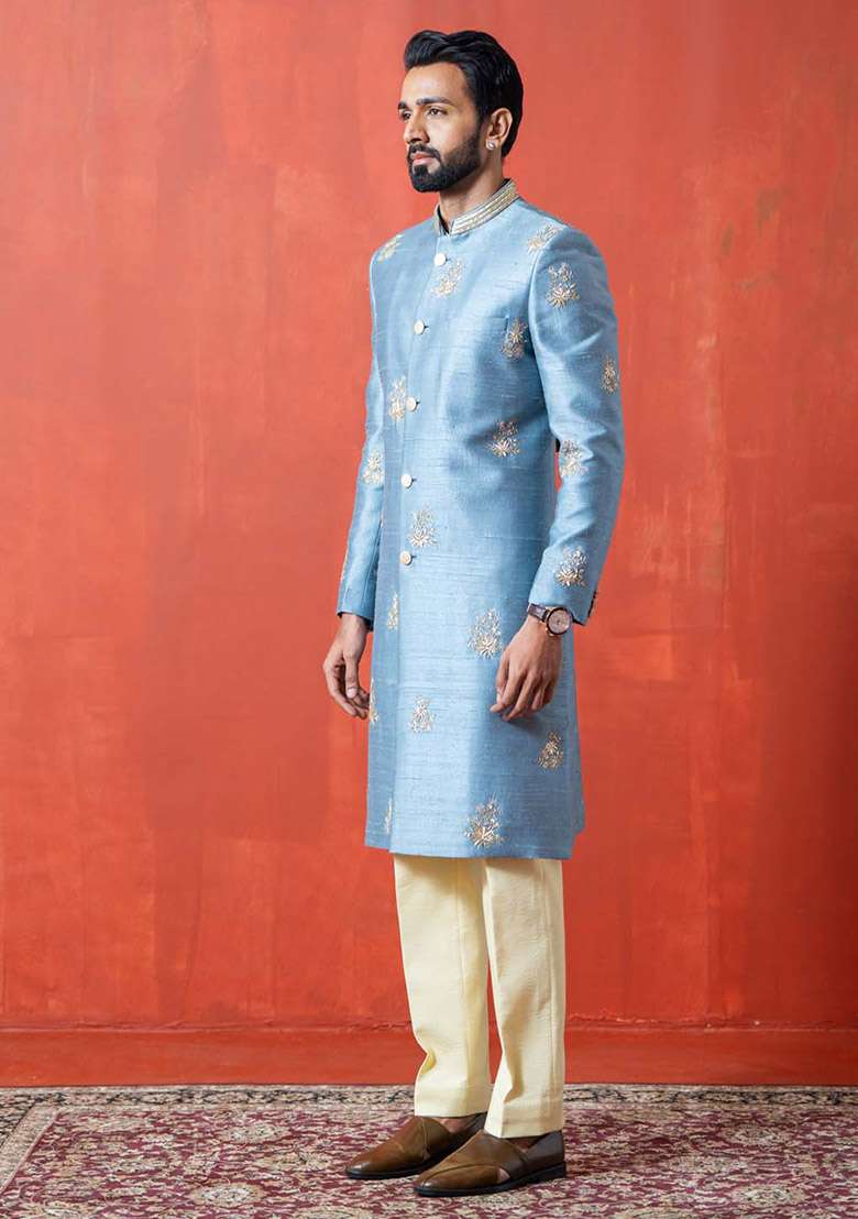 Blue Adda Work Sherwani Set For Men - Indya