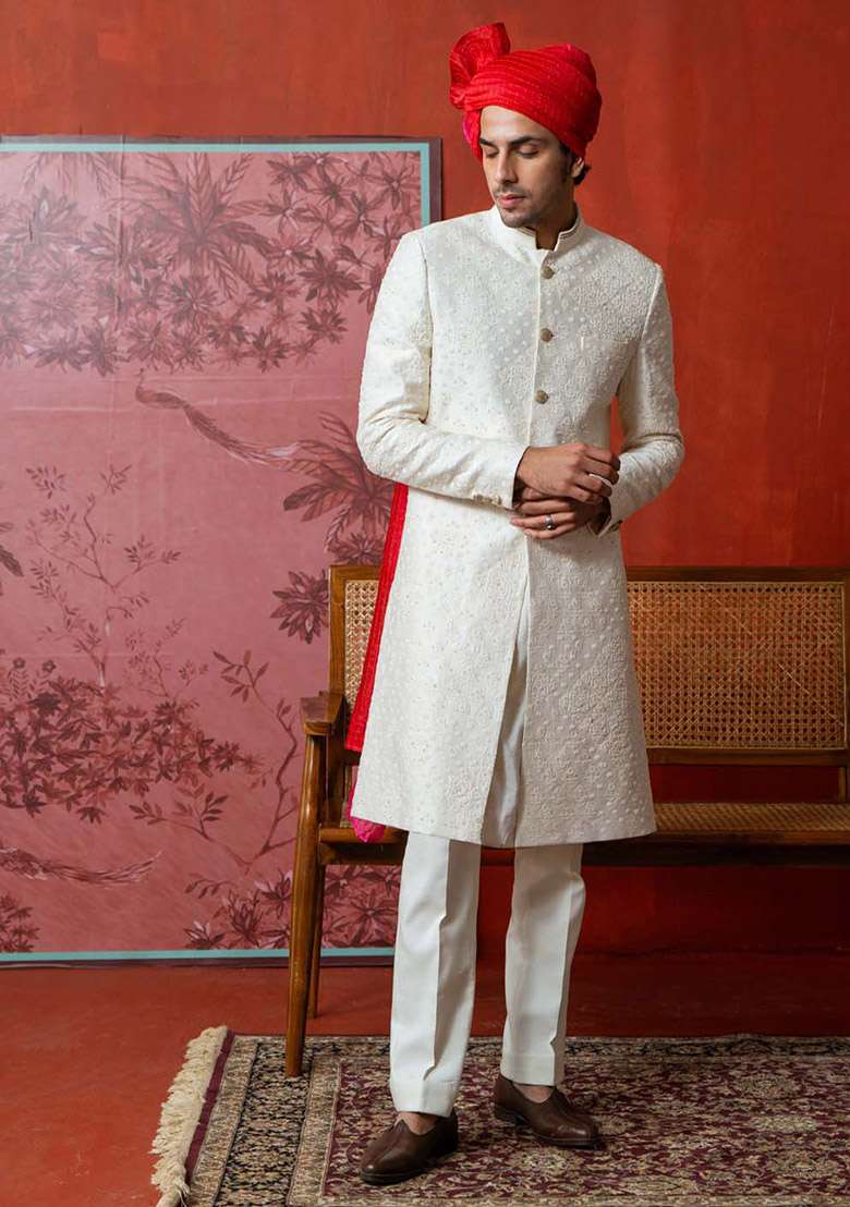 Off White Machine Embroidered Sherwani Set For Men - Indya
