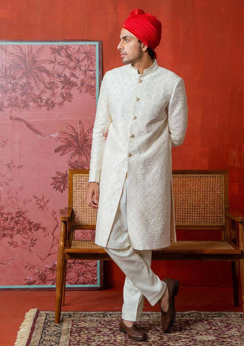 Off White Machine Embroidered Sherwani Set For Men - Indya