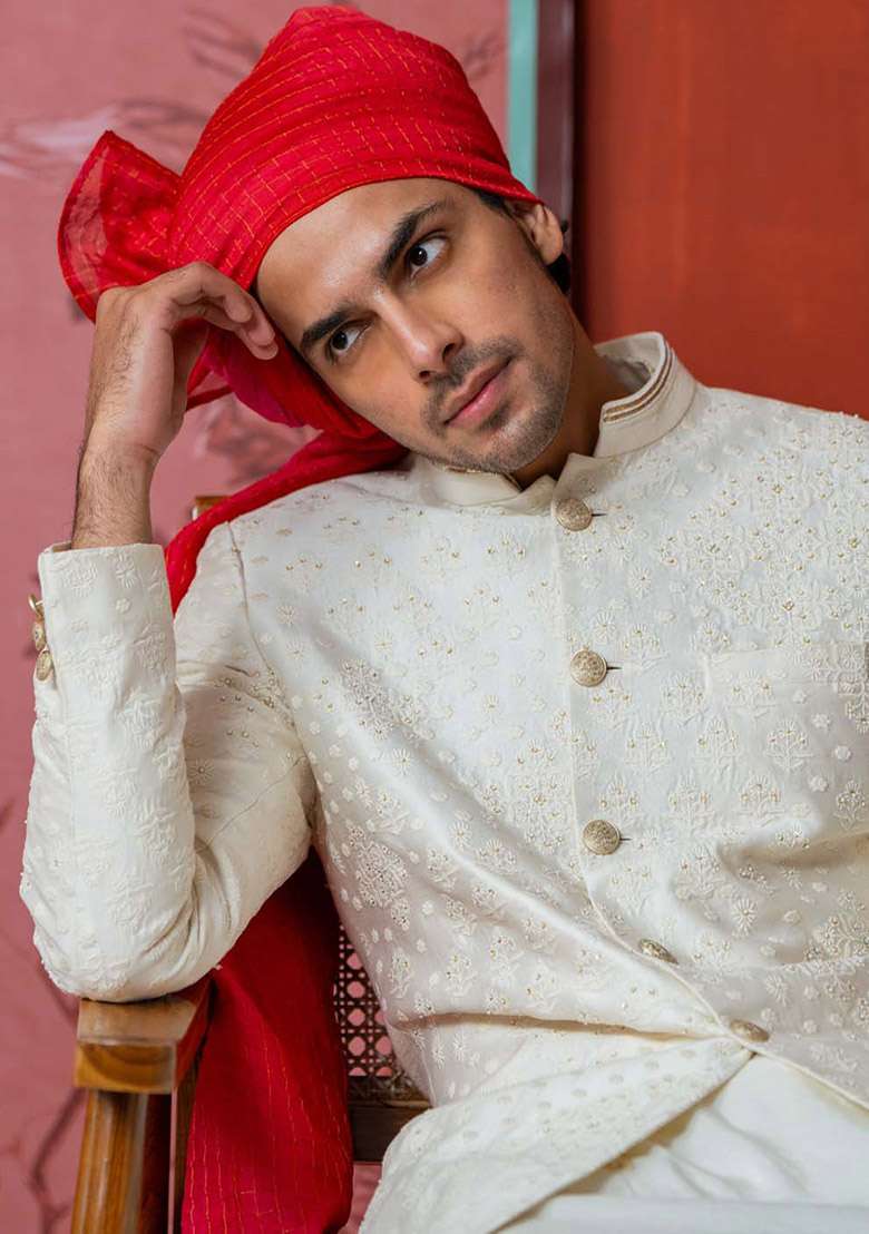 Off White Machine Embroidered Sherwani Set For Men - Indya