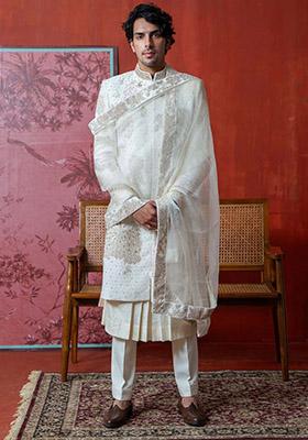 Off White Hand Embroidered Sherwani Set For Men