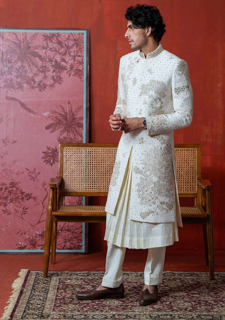 Off White Hand Embroidered Sherwani Set For Men - Indya