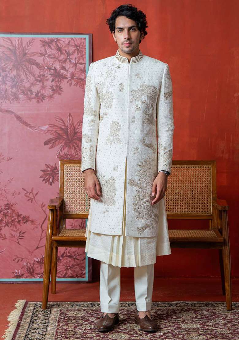 Off White Hand Embroidered Sherwani Set For Men - Indya