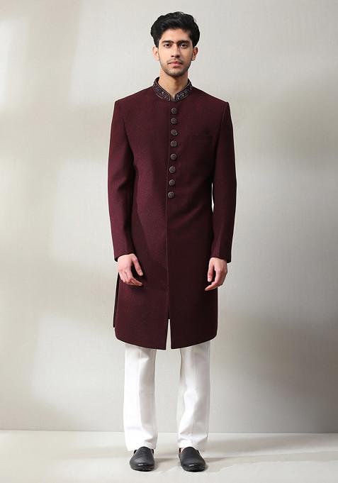 Wine Dublin Sherwani Set For Men