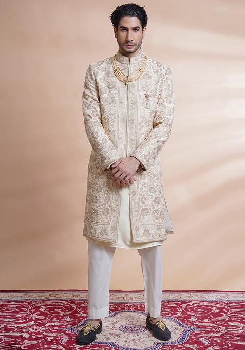 Off White Ari Embroidered With Hand Work Sherwani Set For Men