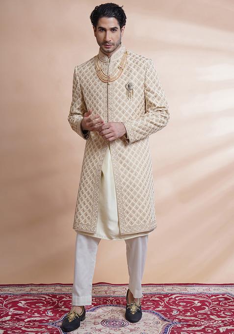 Beige Ari Embroidered With Hand Work Sherwani Set For Men