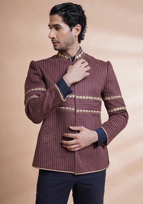 Maroon Machine Embroidered Suede Bandgala For Men