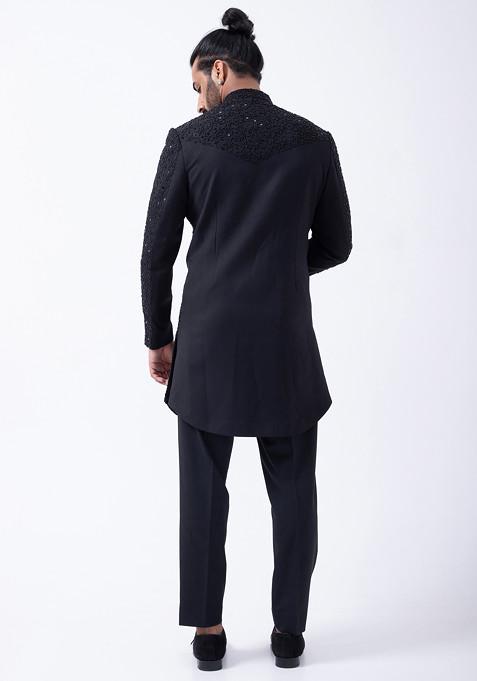 Black Indo Western Set For Men With Nawabi Brooch And Embroidery main image 1