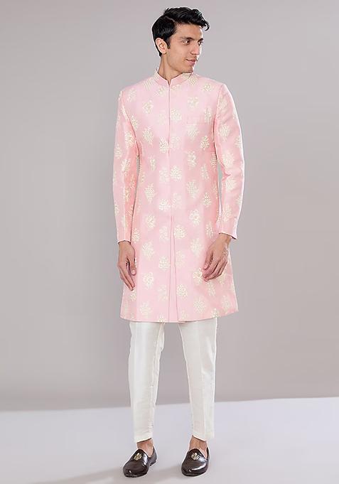 Pink Embroidered Terry Silk Achkan Set For Men
