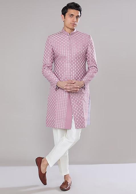 Lilac Embroidered Dupion Silk Achkan Set For Men