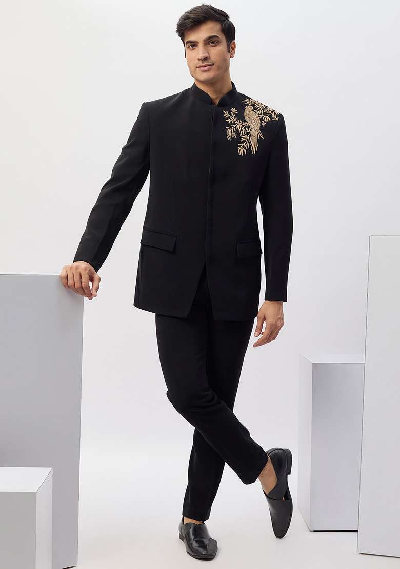 Black Hand Embroidered Rayon Bandhgala Kurta Set For Men - Indya