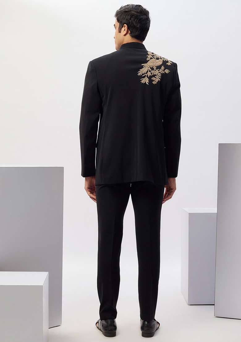 Black Hand Embroidered Rayon Bandhgala Kurta Set For Men - Indya